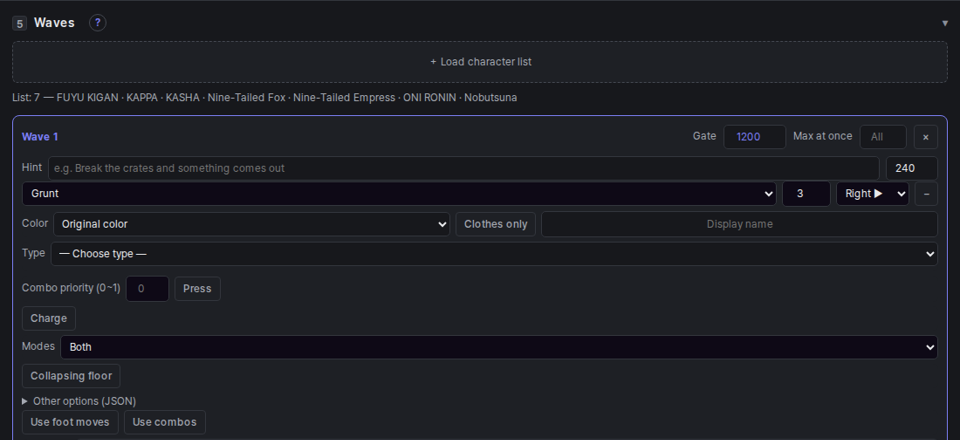 Waves section — the first wave after loading the 7-character list