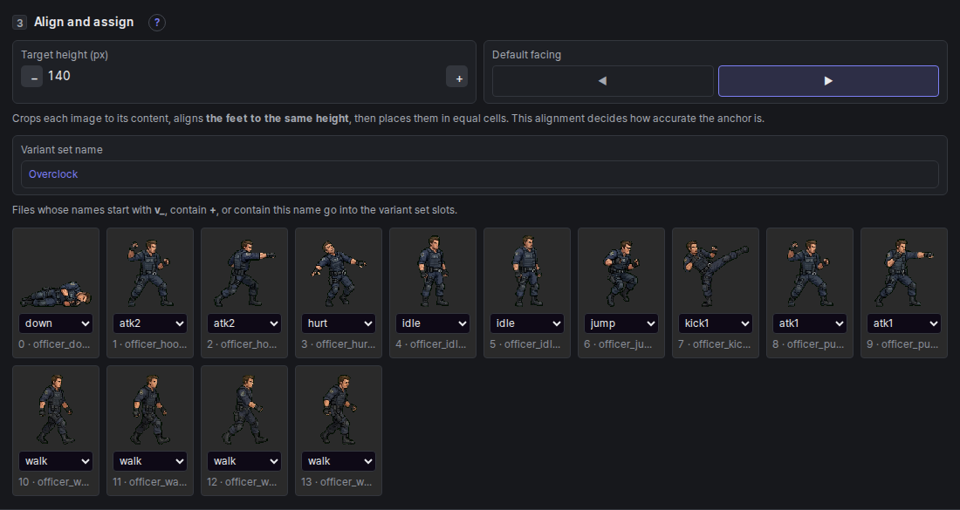 Align and assign — 14 cells assigned to standing, walking, hand attacks, foot attacks and more