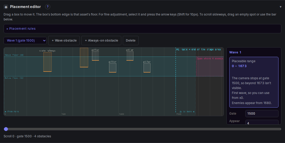 Placement editor — obstacles and enemy groups on the stage, list on the right