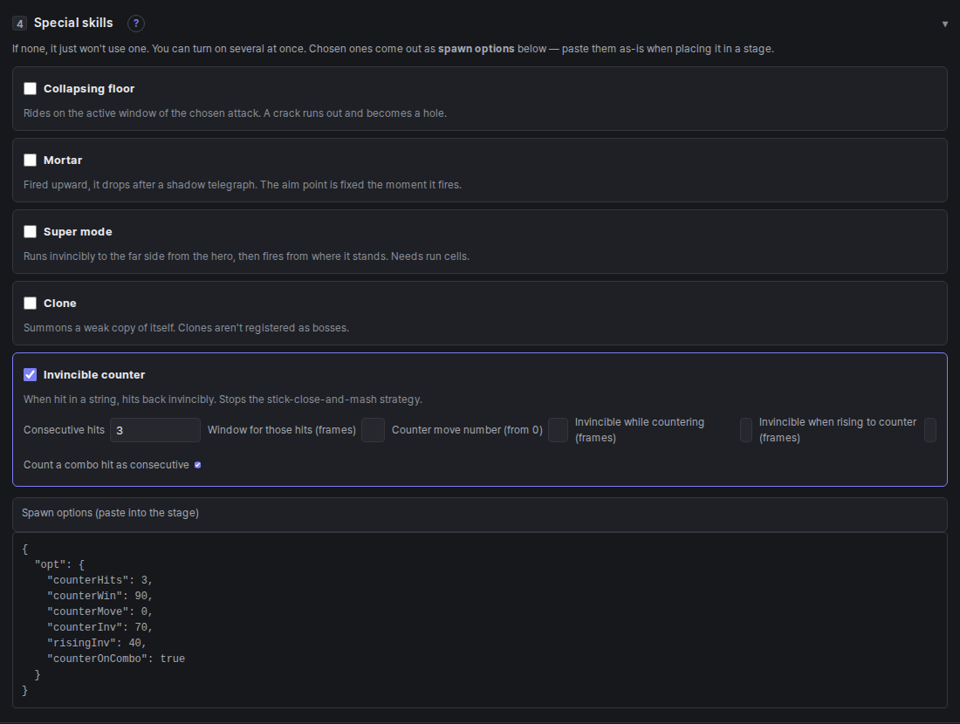 Special skills section — invincible counter on and the spawn options JSON